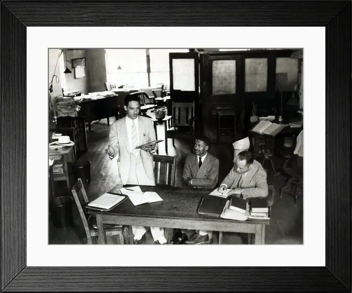 Framed Print : Thurgood Marshall with client Donald Gaines Murray, who was denied entry into the University of Maryland Law School and attorney Charles Houston, during court proceedings in 1935