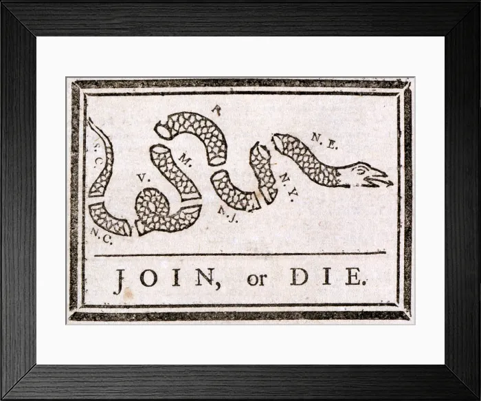 Framed Print : The American Revolution, Join or die, Benjamin Franklin's warning to the British colonies in America