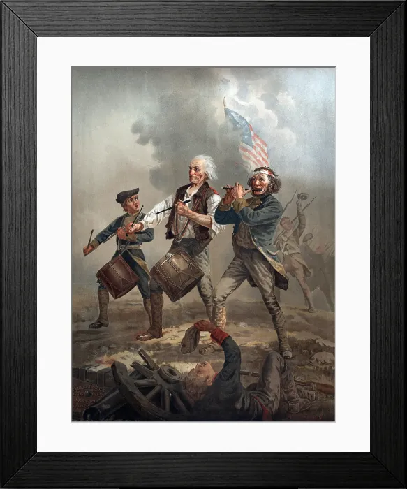 Framed Print : The American Revolution, Yankee Doodle 1776, three patriots, two playing drums and one playing a fife leading troops into battle, by Archibald M. Willard, circa 1876 Framed Print : The American Revolution, Yankee Doodle 1776, three patriots, two playing drums and one playing a fife leading troops into battle, by Archibald M. Willard, circa 1876