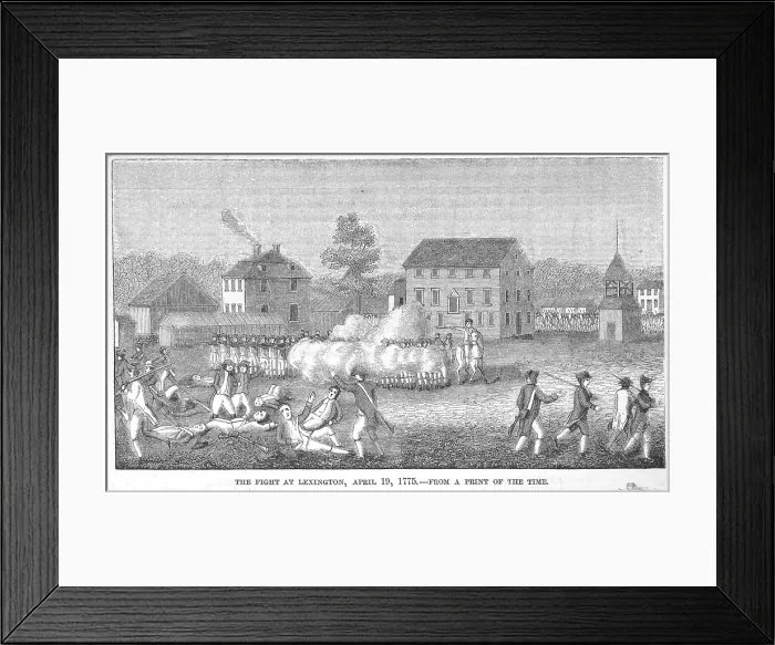 Framed Print : British troops firing on Minute Men in Lexington Massachusetts, etching, between 1850 - 1880 Framed Print : British troops firing on Minute Men in Lexington Massachusetts, etching, between 1850 - 1880