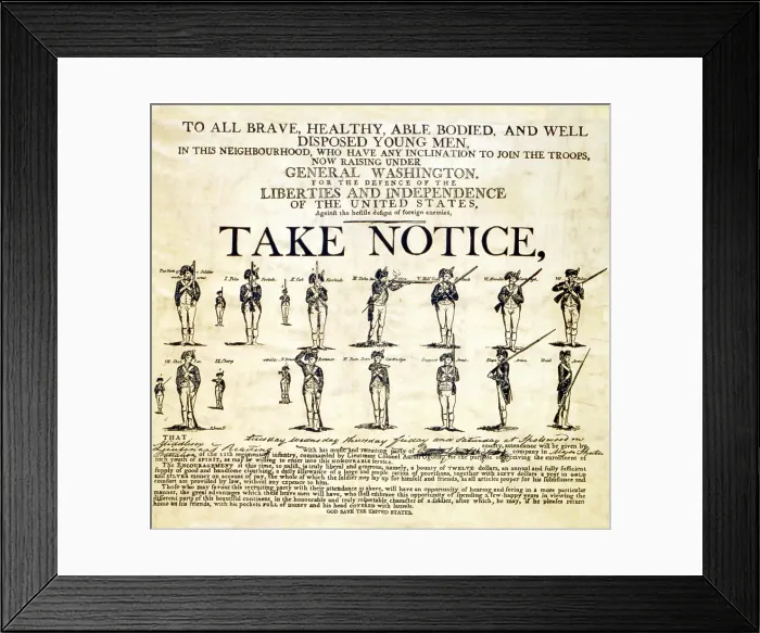Framed Print : Continental Army recruitment broadside. 'To all brave, healthy, able bodied, and well disposed young men...' 1776 Framed Print : Continental Army recruitment broadside. 'To all brave, healthy, able bodied, and well disposed young men...' 1776