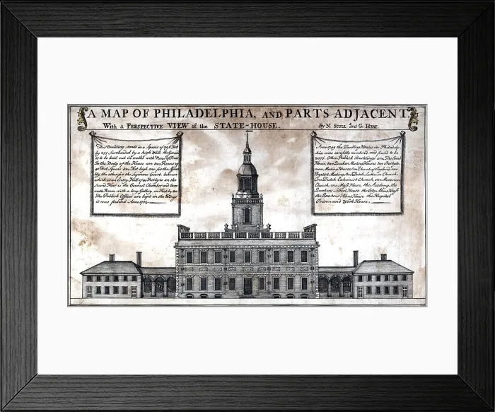 Framed Print : A perspective view of the State-House in Philadelphia. A view of Independence Hall in Philadelphia in 1752, taken from a map Framed Print : A perspective view of the State-House in Philadelphia. A view of Independence Hall in Philadelphia in 1752, taken from a map