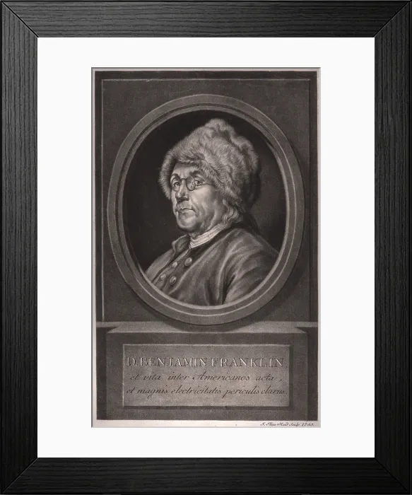 Framed Print : Benjamin Franklin, et vita inter Americanos acta et magnis electricitatis periculis clarus, Benjamin Franklin, head and shoulders portrait, fcaing left Framed Print : Benjamin Franklin, et vita inter Americanos acta et magnis electricitatis periculis clarus, Benjamin Franklin, head and shoulders portrait, fcaing left
