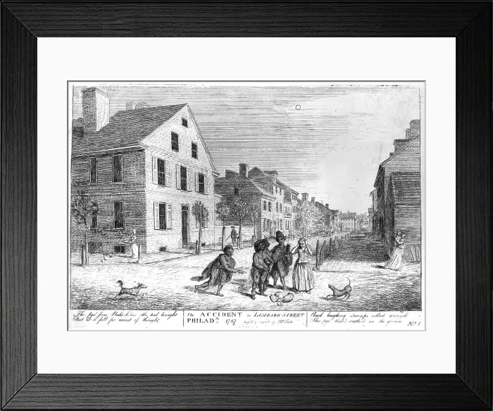 Framed Print : The accident in Lombard Street, Philadelphia, Chimney sweeps laughing at a girl who has dropped a pie on the street