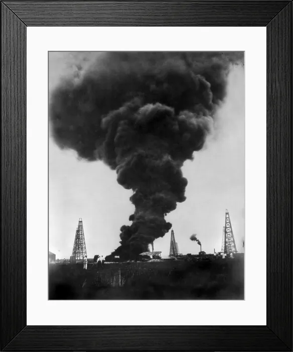 Framed Print : A burning gusher, smoke above a burning oil well, Jennings, Louisiana, photograph, 1902