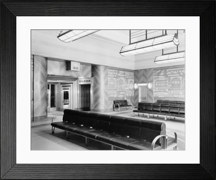 Framed Print : Cincinnati Union Terminal, men's lounge, constructed in 1933, partially demolished in 1974, Cincinnati, Ohio, photograph circa early 1970s