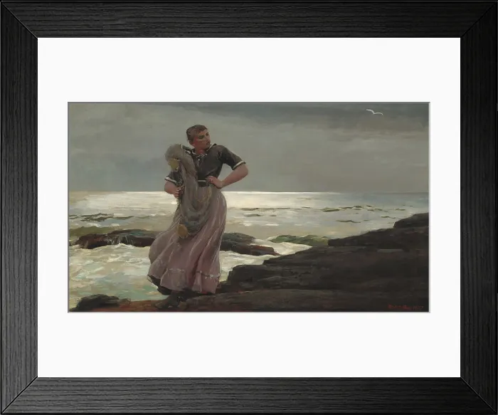 Framed Print : A Light on the Sea, by Winslow Homer, 1897, American painting, oil on canvas. A sturdy windblown woman stands on the rocky Maine coast with a fishnet Framed Print : A Light on the Sea, by Winslow Homer, 1897, American painting, oil on canvas. A sturdy windblown woman stands on the rocky Maine coast with a fishnet