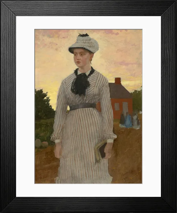 Framed Print : The Red School House, by Winslow Homer, 1873, American painting, oil on canvas. A young woman school teacher walks from the one room school in the 1870s Framed Print : The Red School House, by Winslow Homer, 1873, American painting, oil on canvas. A young woman school teacher walks from the one room school in the 1870s
