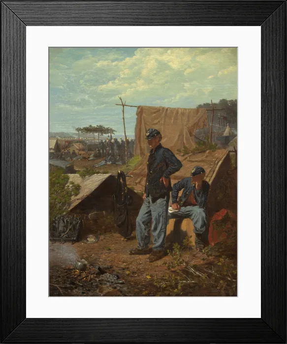 Framed Print : Home, Sweet Home, by Winslow Homer, 1863, American painting, oil on canvas. Two Union Civil War soldiers in camp as a pot heats on an outdoor fire