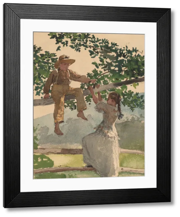 Framed Print : On the Fence, by Winslow Homer, 1878, American painting, watercolor, graphite on paper. Boy sits on a tree limb as a girl reaches up from a wooden fence (BSLOC_2016_6_52)