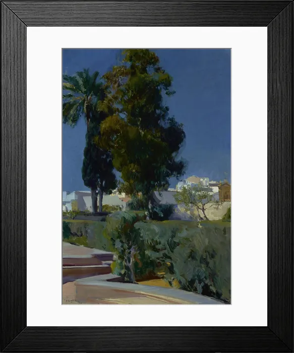 Framed Print : Corner of the Garden, Alcazar, Sevilla, by Joaquin Sorolla y Bastida, 1910, Spanish painting, oil on canvas. Sorolla painted the sky as an intense deep blue (BSLOC_2016_6_42)