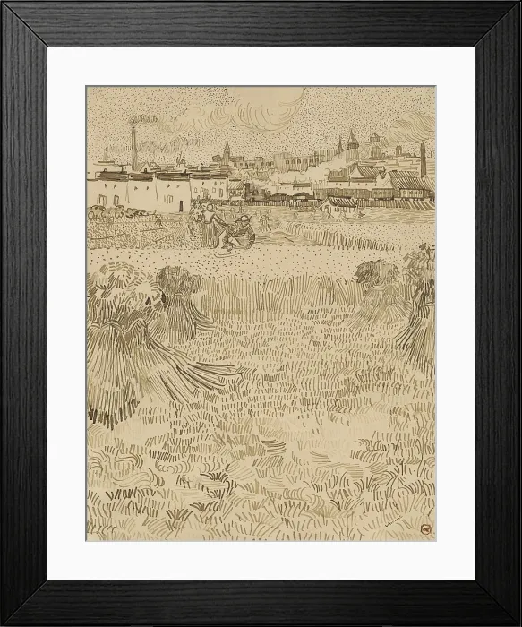 Framed Print : Arles: View from the Wheatfields, by Vincent van Gogh, 1888, Dutch drawing, pen and brown ink on paper. Farmers work in a field in the city of Arles Framed Print : Arles: View from the Wheatfields, by Vincent van Gogh, 1888, Dutch drawing, pen and brown ink on paper. Farmers work in a field in the city of Arles