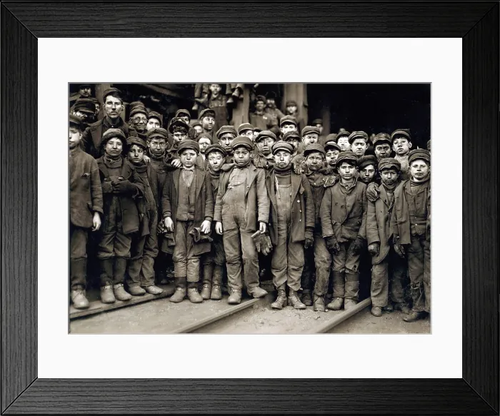 Framed Print : Child laborers portrayed by Lewis Hine in 1911. Breaker Boys were used in the anthracite coal mines to separate slate rock from the mined coal prior to shipment to market