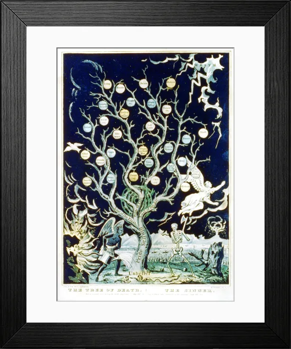 Framed Print : The Tree of Death - The Sinner, devil watering tree of sins and skeleton about to chop it down, lithograph, Published by Currier & Ives, 1835-1855