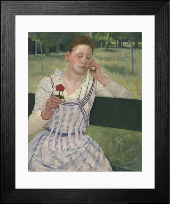 Framed Print : Woman with a Red Zinnia, by Mary Cassatt, 1891, American painting, oil on canvas. Cassatt model is depicted as plain and sturdy, rather than glamorous or idealized Framed Print : Woman with a Red Zinnia, by Mary Cassatt, 1891, American painting, oil on canvas. Cassatt model is depicted as plain and sturdy, rather than glamorous or idealized