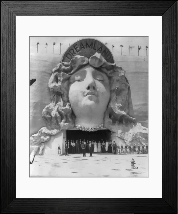 Framed Print : Amusement parks, On the Midway, group of people posed at entrance to Dreamland, decorated with bas-relief of sleeping woman, Pan-American Exposition, Buffalo, New York