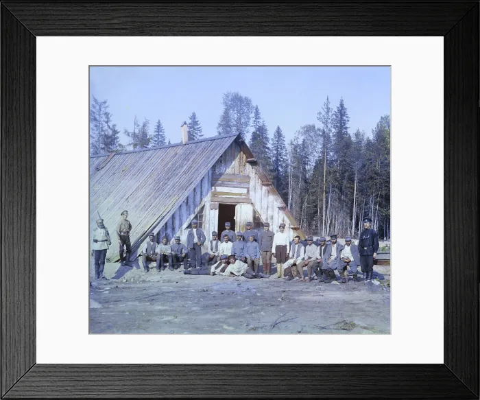 Framed Print : Austrian prisoners of war near a barrack, near Kiappeselga, original title: Voennopliennye avstri?itsy u baraka, photograph by Sergei Mikhailovich Prokudin-Gorskii, 1915