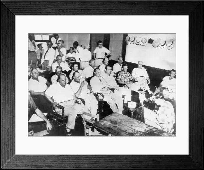 Framed Print : The jury of Emmett Till's accused murders was composed of twelve white men. After sixty-seven minutes they returned a not-guilty verdict. Sept. 1955