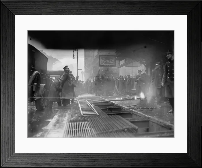 Framed Print : New York City subway fire, breaking through subway roof, Broadway and West 55th Street, New York City, photograph, January 6, 1915 Framed Print : New York City subway fire, breaking through subway roof, Broadway and West 55th Street, New York City, photograph, January 6, 1915