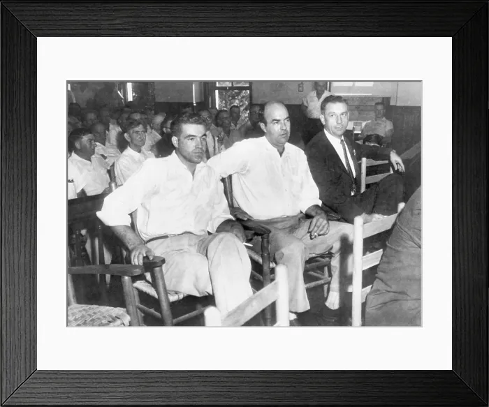 Framed Print : Roy Bryant and J.W. Milam, were charged with murdering African American teenager, Emmett Till, sitting in a courtroom with an attorney Framed Print : Roy Bryant and J.W. Milam, were charged with murdering African American teenager, Emmett Till, sitting in a courtroom with an attorney