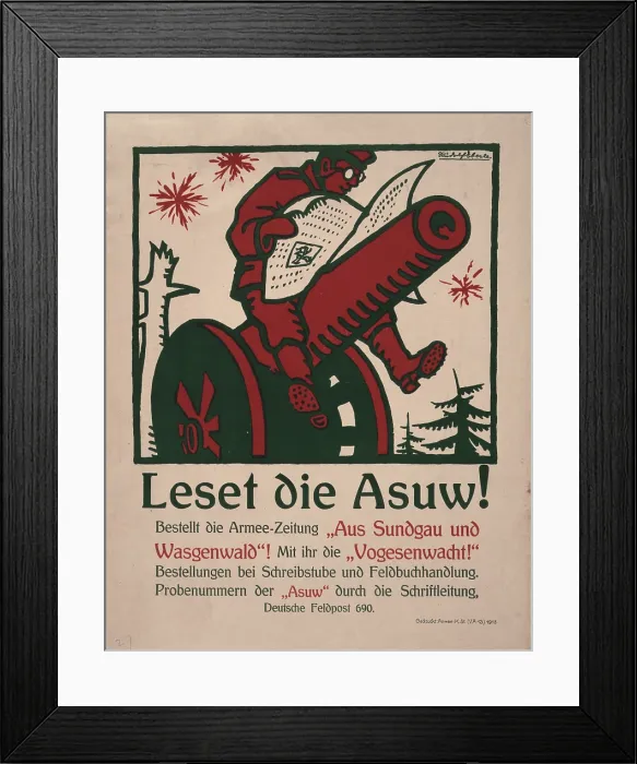 Framed Print : World War I, German poster shows a smiling soldier reading a newspaper while sitting on top of a cannon, text urges people to read the Aus Sundgau und Wasgenwald Framed Print : World War I, German poster shows a smiling soldier reading a newspaper while sitting on top of a cannon, text urges people to read the Aus Sundgau und Wasgenwald