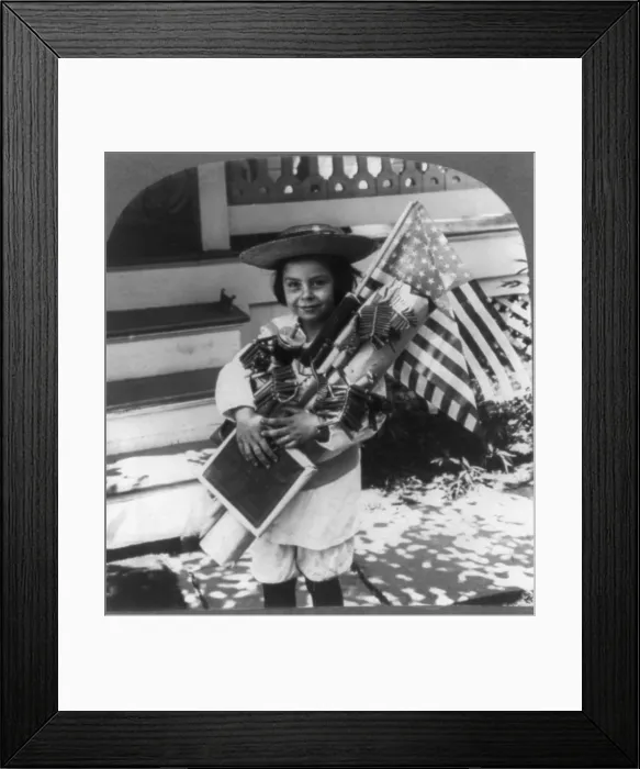 Framed Print : The Fourth of July, child with flags and fireworks, The Day Before, photograph photograph from stereocard, 1906 Framed Print : The Fourth of July, child with flags and fireworks, The Day Before, photograph photograph from stereocard, 1906
