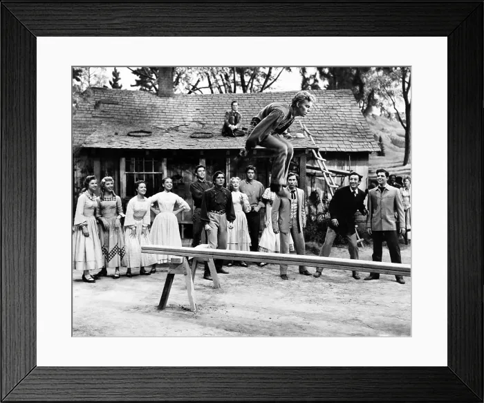 Framed Print : SEVEN BRIDES FOR SEVEN BROTHERS, (aka 7 BRIDES FOR 7 BROTHERS), Russ Tamblyn, (leaping), standing, from left, Norma Doggett, Ruta Lee, Virginia Gibson, Betty Carr