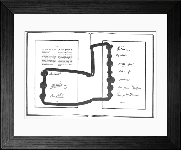 Framed Print : World War I, The first two pages of signatures on the Treaty of Versailles, ending World War I. The first signature is Woodrow Wilson's