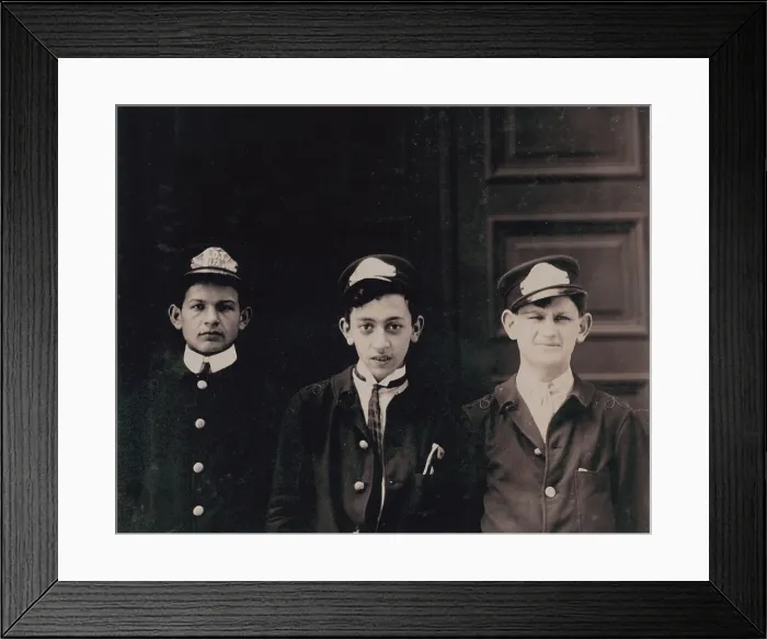Framed Print : Group of messenger boys, original title: Typical A.D.T. boys, Broadway near 40th St. New York City, photograph by Lewis Wickes Hine, July, 1910 Framed Print : Group of messenger boys, original title: Typical A.D.T. boys, Broadway near 40th St. New York City, photograph by Lewis Wickes Hine, July, 1910