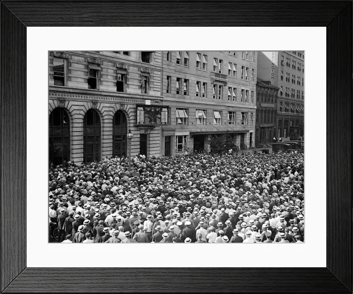 Framed Print : Baseball. A crowd watches the score board of the Washington Star newspaper as the Washington Senators battle the New York Yankees for the American League pennant