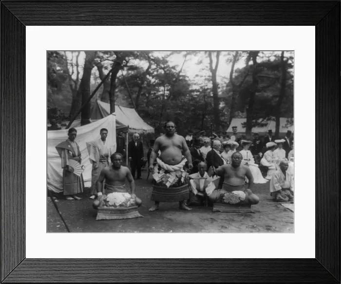 Framed Print : Three sumo wrestlers posed outdoors with spectators in background, probably in Japan, original title: Champion Japanese wrestlers, photograph circa 1905 Framed Print : Three sumo wrestlers posed outdoors with spectators in background, probably in Japan, original title: Champion Japanese wrestlers, photograph circa 1905