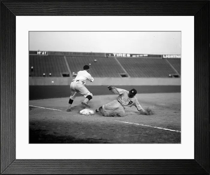 Framed Print : Baseball. Ty Cobb safe at third after making a triple. August 16, 1924 Framed Print : Baseball. Ty Cobb safe at third after making a triple. August 16, 1924