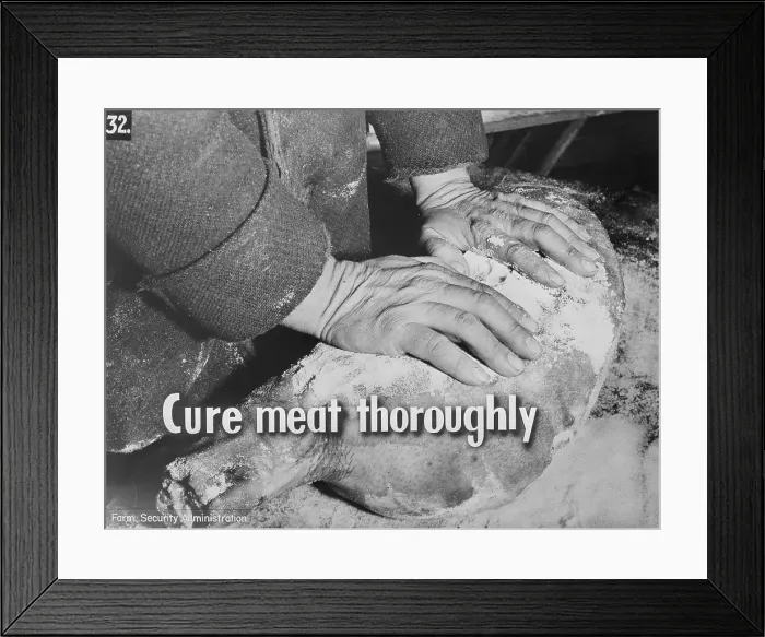 Framed Print : Health and food safety, meat is not ready to be stored until it has been throughly cured and smoked, photograph by John Collier for the Farm Security Administration, January, 1942 Framed Print : Health and food safety, meat is not ready to be stored until it has been throughly cured and smoked, photograph by John Collier for the Farm Security Administration, January, 1942