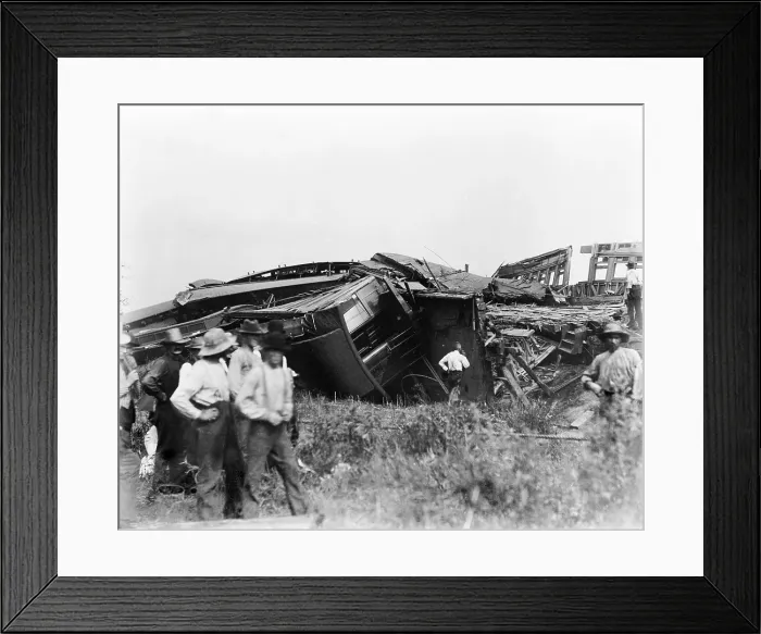 Framed Print : View of the great railroad wreck, The most appalling railroad disaster on the Continent, a portion of the nine cars which were piled in a space 40 x 60 feet, near Chatsworth