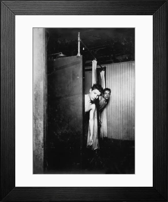 Framed Print : Boys showering, the boys make good use of the shower baths, Postal Tel. Company, Broadway, New York, photograph by Lewis Wickes Hine, 1910 Framed Print : Boys showering, the boys make good use of the shower baths, Postal Tel. Company, Broadway, New York, photograph by Lewis Wickes Hine, 1910