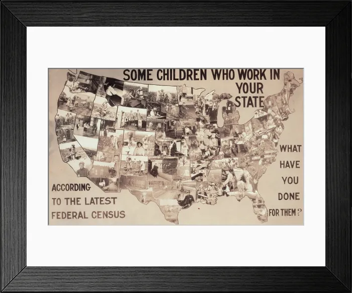 Framed Print : Child labor, exhibit panel, collage of children working in the United States, text reads: Some children who work in your state according to the latest Federal census Framed Print : Child labor, exhibit panel, collage of children working in the United States, text reads: Some children who work in your state according to the latest Federal census