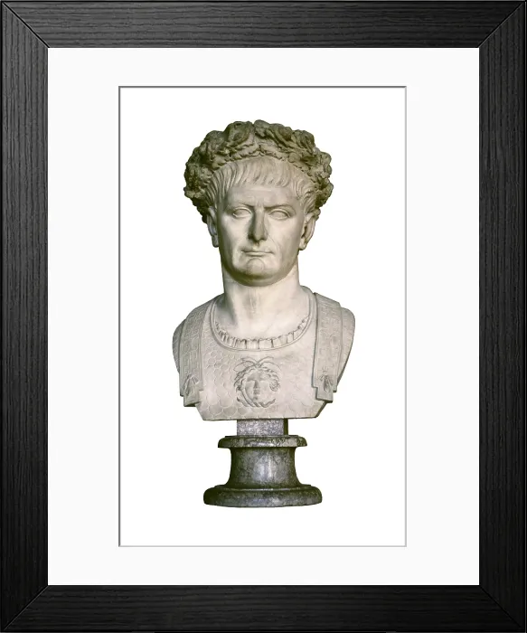Framed Print : Trajan. 98 - 117. Bust with a laurel crown and a shield with a representation of Medusa. Roman art. Early Empire. Sculpture on marble. FRANCE. Paris. Louvre Museum Framed Print : Trajan. 98 - 117. Bust with a laurel crown and a shield with a representation of Medusa. Roman art. Early Empire. Sculpture on marble. FRANCE. Paris. Louvre Museum