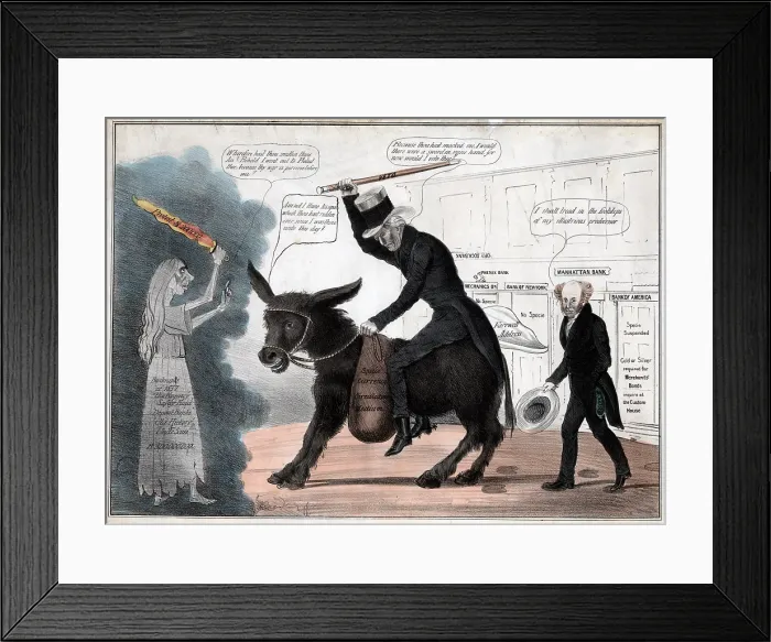 Framed Print : The modern balaam and his ass, showing President Andrew Jackson riding the Democratic Party Donkey while President Martin Van Buren comments approvingly Framed Print : The modern balaam and his ass, showing President Andrew Jackson riding the Democratic Party Donkey while President Martin Van Buren comments approvingly