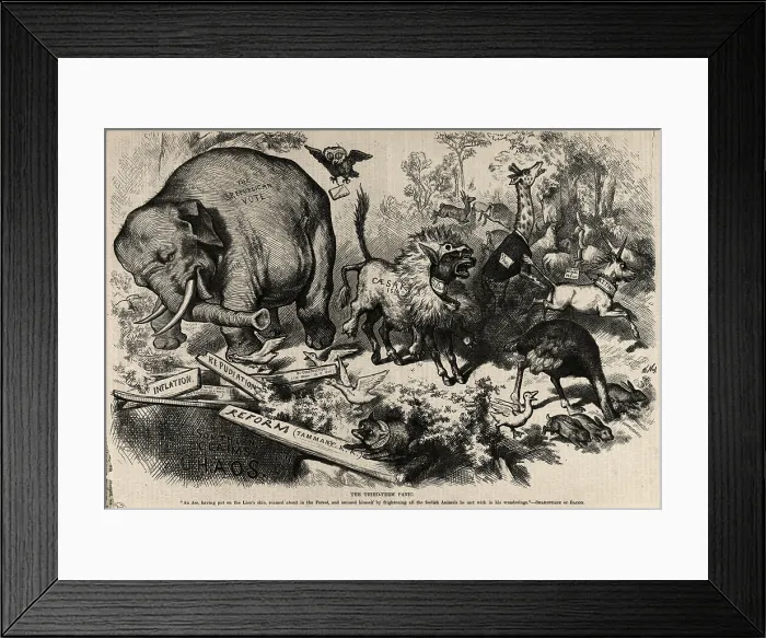 Framed Print : The Third-term Panic, First illustration of the Republican Party Elephant by Thomas Nast. Engraving, 1874 Framed Print : The Third-term Panic, First illustration of the Republican Party Elephant by Thomas Nast. Engraving, 1874