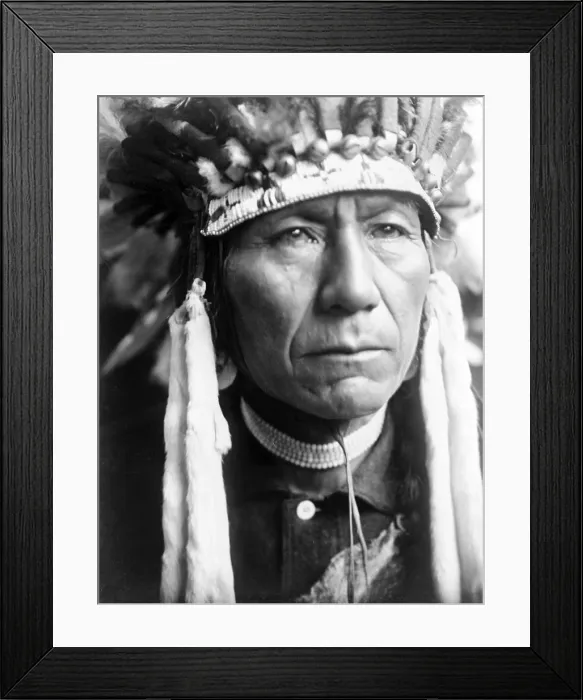 Framed Print : Head-and-shoulders portrait of Nez Perc man in full feather headdress. Edward S. Curtis photo, ca. 1910