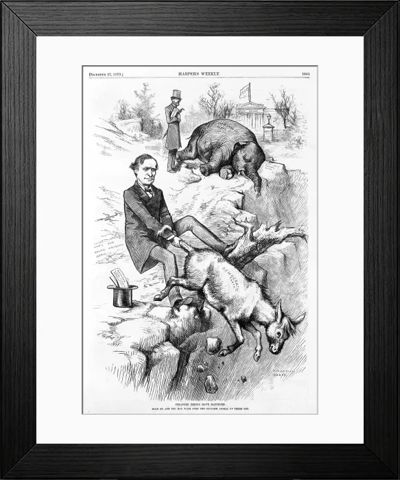 Framed Print : Thomas F. Bayard holding on to tail of Democratic donkey and the Republican elephant; the White House in background, with flag '1880'. Engraving by Thomas Nast, 1879