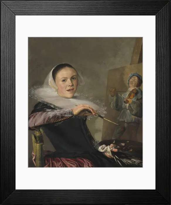 Framed Print : Self-Portrait, by Judith Leyster, c. 1630, Dutch painting, oil on canvas. The painting depicts her with lips parted as if to speak