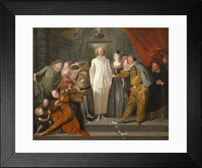 Framed Print : The Italian Comedians, by Antoine Watteau, 1720, French painting, oil on canvas. A troupe of popular Italian comedy actors flanks the central figure of Pierrot