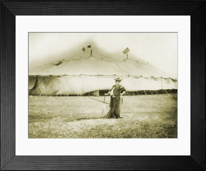 Framed Print : Sarah Bernhardt (1844-1923), French actress, standing in front of the tent of her American tour productions in Dallas, Texas. 1906 Framed Print : Sarah Bernhardt (1844-1923), French actress, standing in front of the tent of her American tour productions in Dallas, Texas. 1906