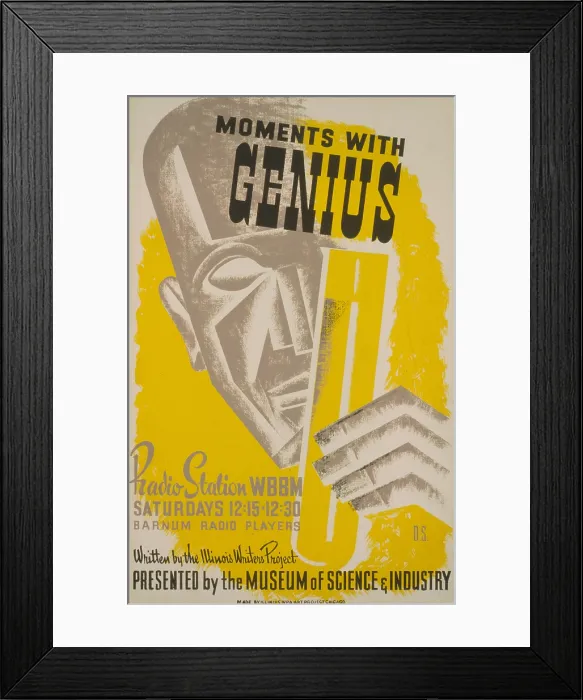 Framed Print : Poster for a radio presentation Moments with genius by the Barnum Radio Players on radio station WBBM, showing the stylized face of a man holding a test tube