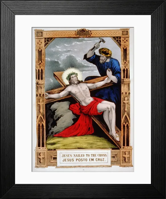 Framed Print : Jesus Christ, Jesus nailed to the cross, hand colored lithograph, published by N. Currier, 1848