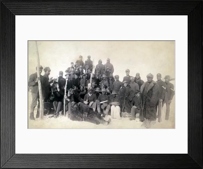 Framed Print : Buffalo soldiers of the 25th Infantry, some wearing buffalo robes, Ft. Keogh, Montana. cabinet card ca. 1890