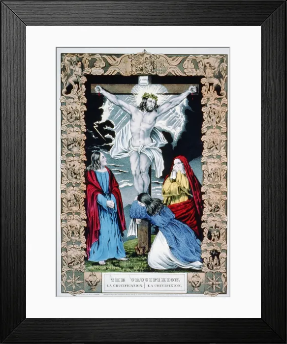 Framed Print : Jesus Christ, the Crucifixion, hand colored lithograph, published by N. Currier, 1848
