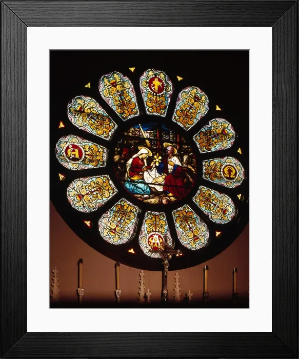 Framed Print : Stained Glass. Detail of Rose Window, Church of the Nativity, Menlo Park, CA ca. 1900