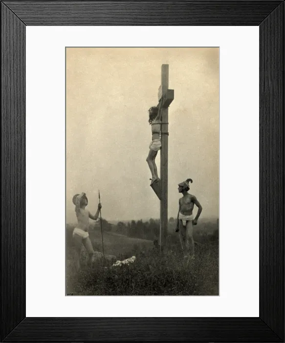Framed Print : Jesus Christ, the Crucifixion in profile, with two Roman Soldiers, platinum print photograph by F. Holland Day, 1898